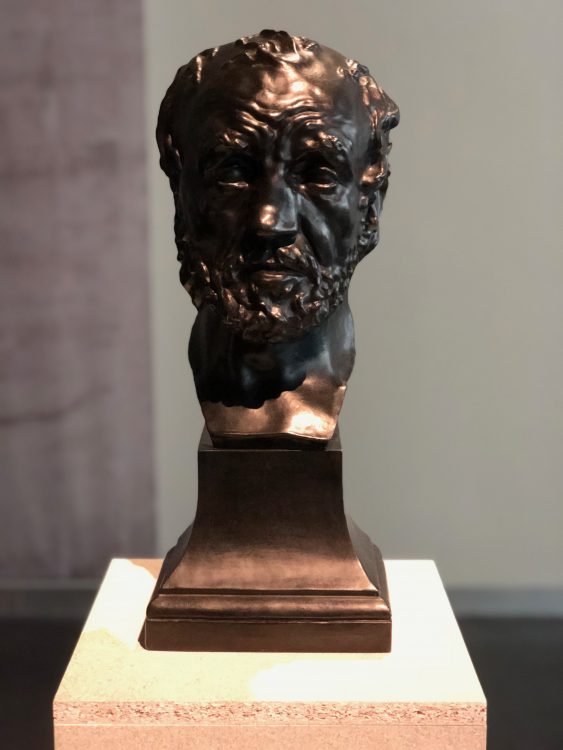 Bronze, lost wax cast. Rodin’s initial version was rejected at a Salon in 1865. In this later image, he turned a workman, Bibi, into an ancient Greek thinker while retaining physical imperfections that tell a different story and point to the man’s baser instincts.