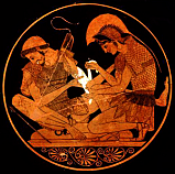 Achilles binds Patroclus' arm