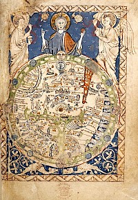 A Medieval Map with, from top to bottom, the Garden of Eden, Mesopotamia, Jerusalem, and the Mediterranean