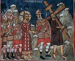 Simon of Cyrene carrying the cross. Fresco from Cyprus, fourteenth century.