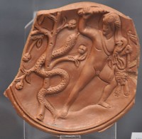Heracles, the tree in the garden of the Hesperides, and Ladon the dragon: another echo of the story of Adammu, the tree of life, and Horannu. (Antikensammlung, Munich)